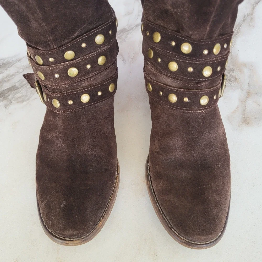 Barneys New York Suede Boots Knee High Biker Women's 36 Studded Buckle
